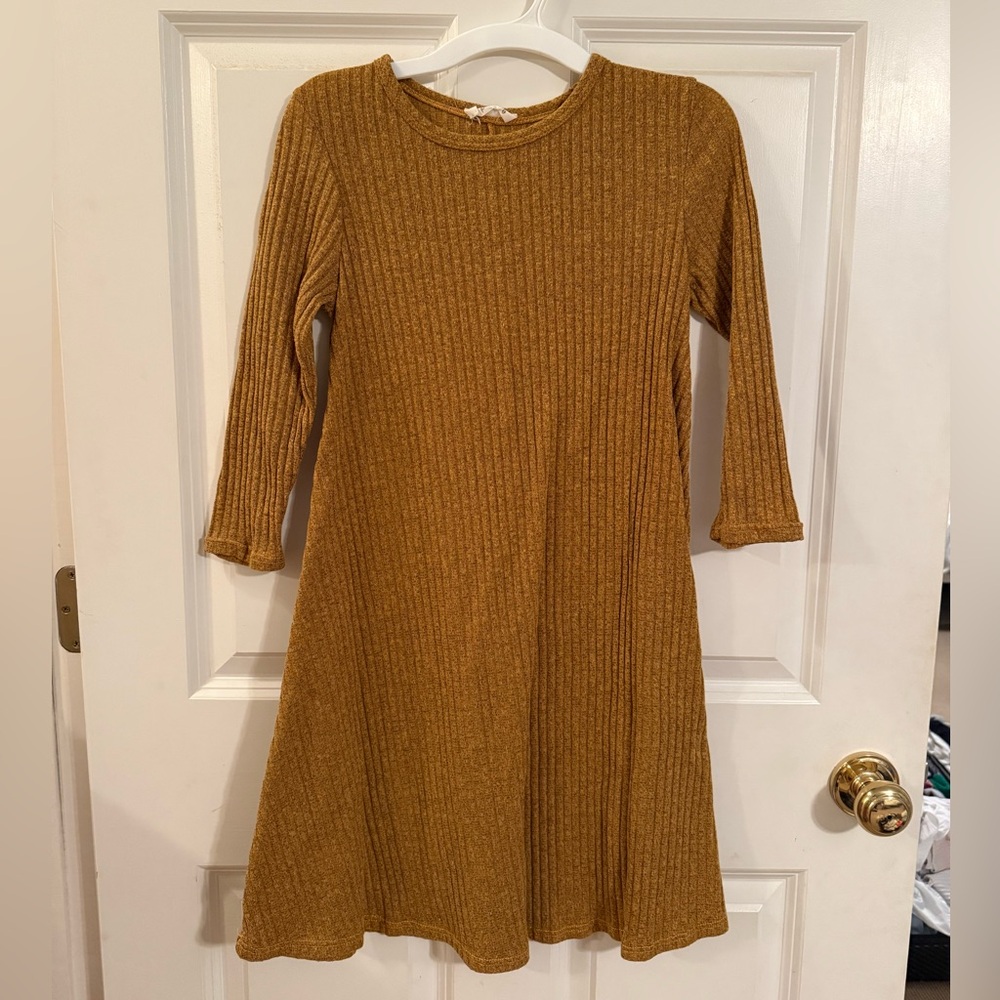 Yellow Ribbed A-Line Dress with Cuffed Sleeves